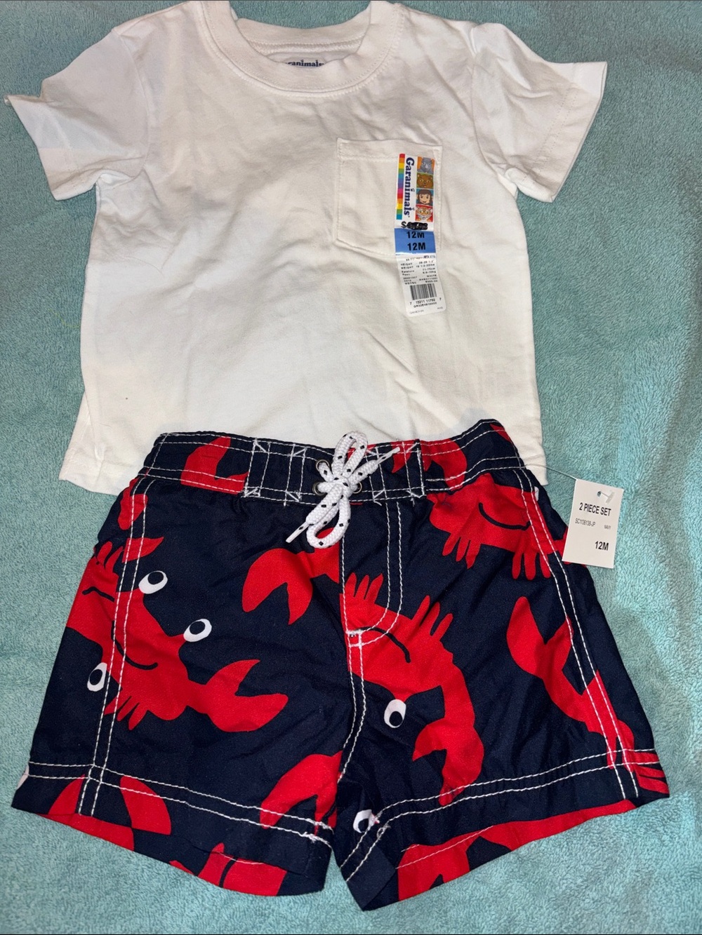 NWT Garanimals 12 month White Tee & carters Navy Red Lobster Swim Shorts